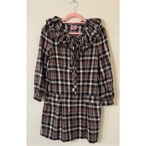 Juicy Couture Y2K Brown Plaid Ruffle Neck Button Front Dress Size 6 Cottagecore